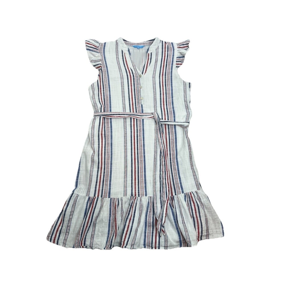 Draper James RSVP Red Blue Stripe Ruffle Tired V Neck Tie Waist Dress Size M